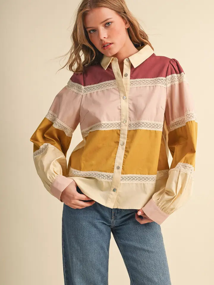 C134 Tiered Color Block Lace Trim Button Up Top