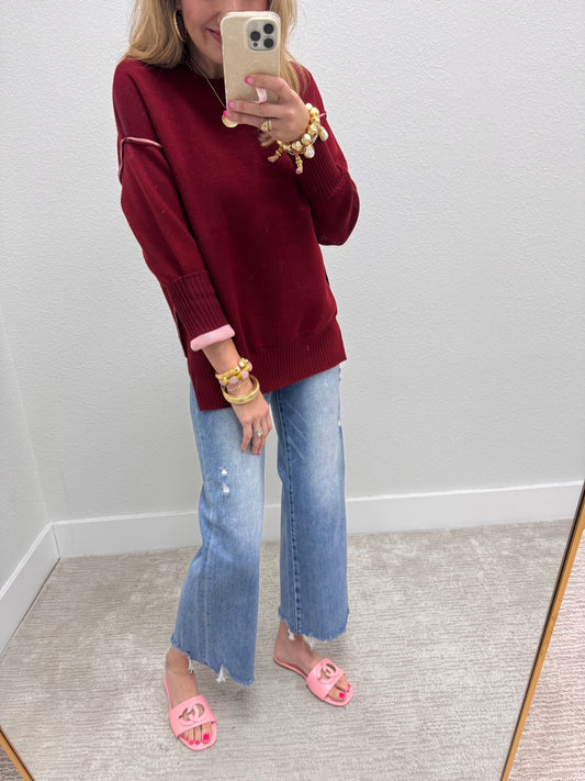 Burgundy & Pink Round Neck Contrast Trim Sweater
