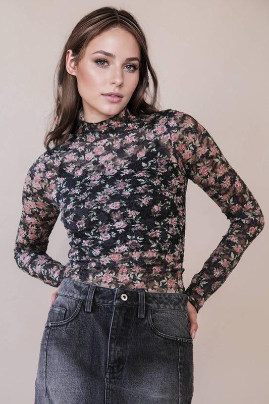 Black Floral High Neck Fitted Sheer Mesh Lace Knit Top