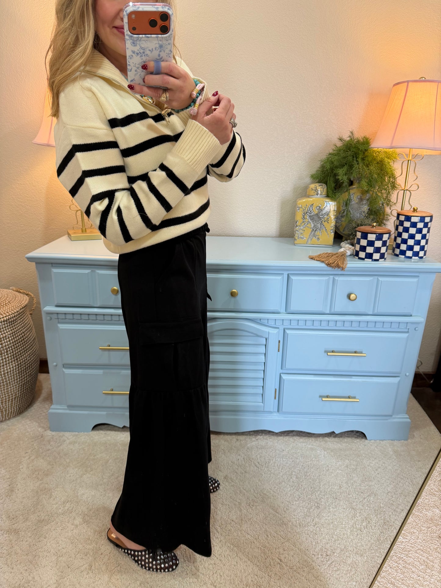 Black Scuba Ruffle Elastic Waist Pants