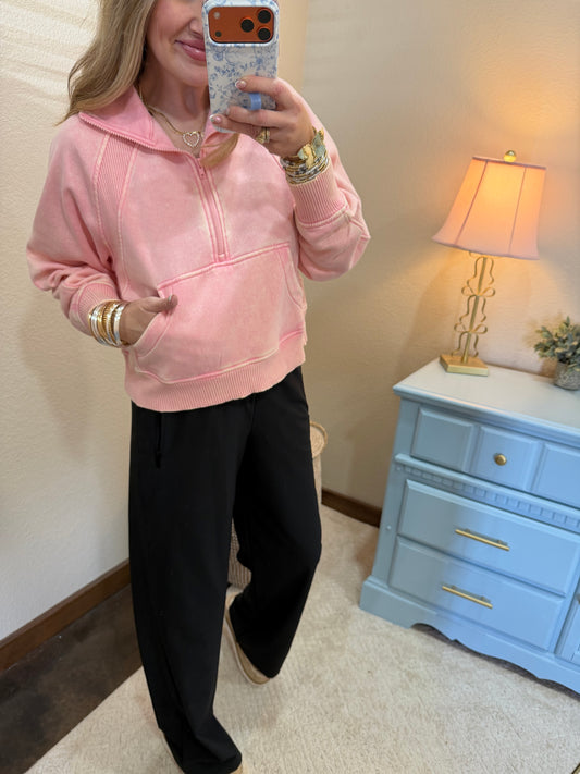 Pink Acid Washed Half Zip Fleece Pullover
