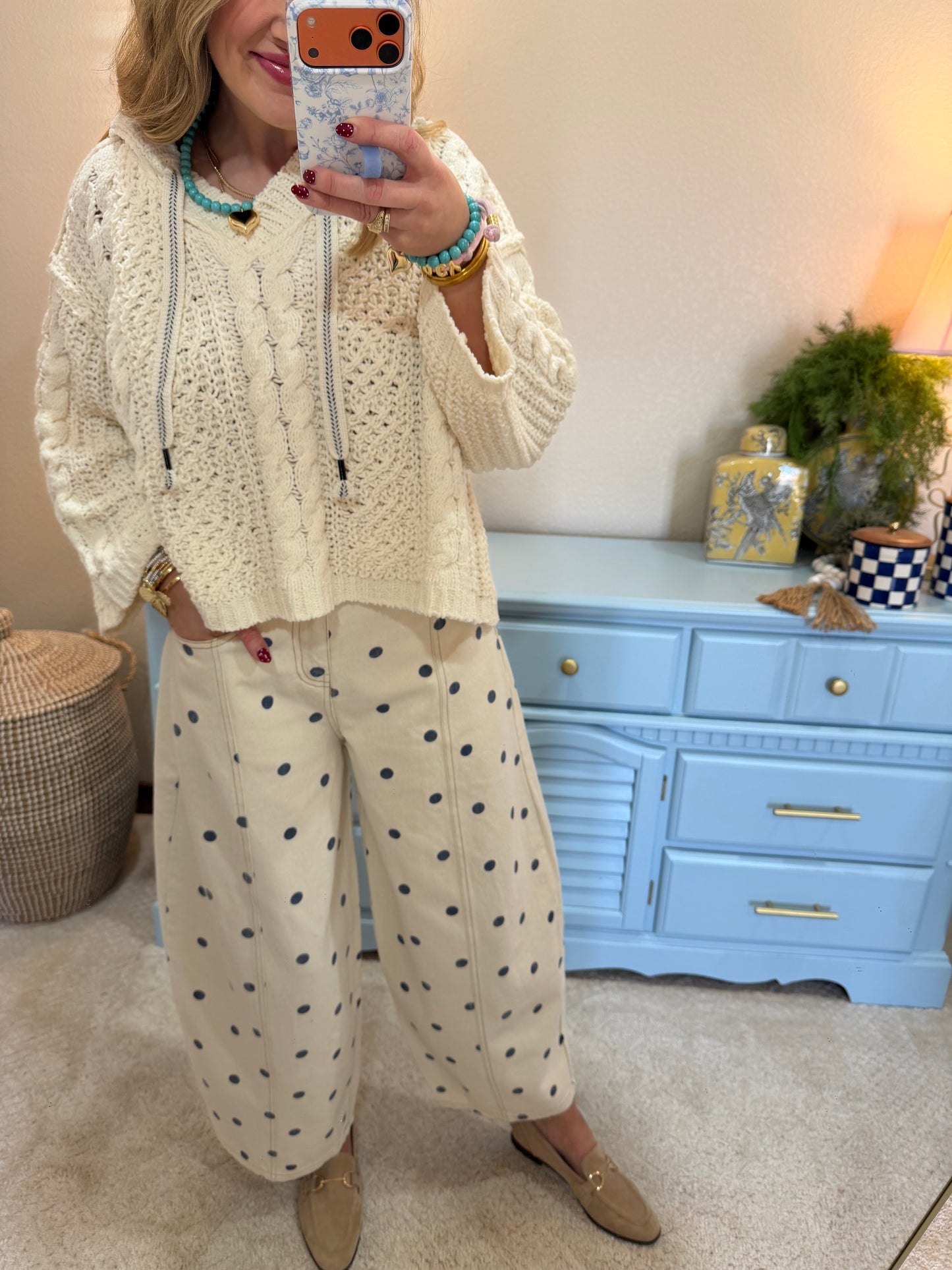 Cream Cable Knit Printed Tie Sweater