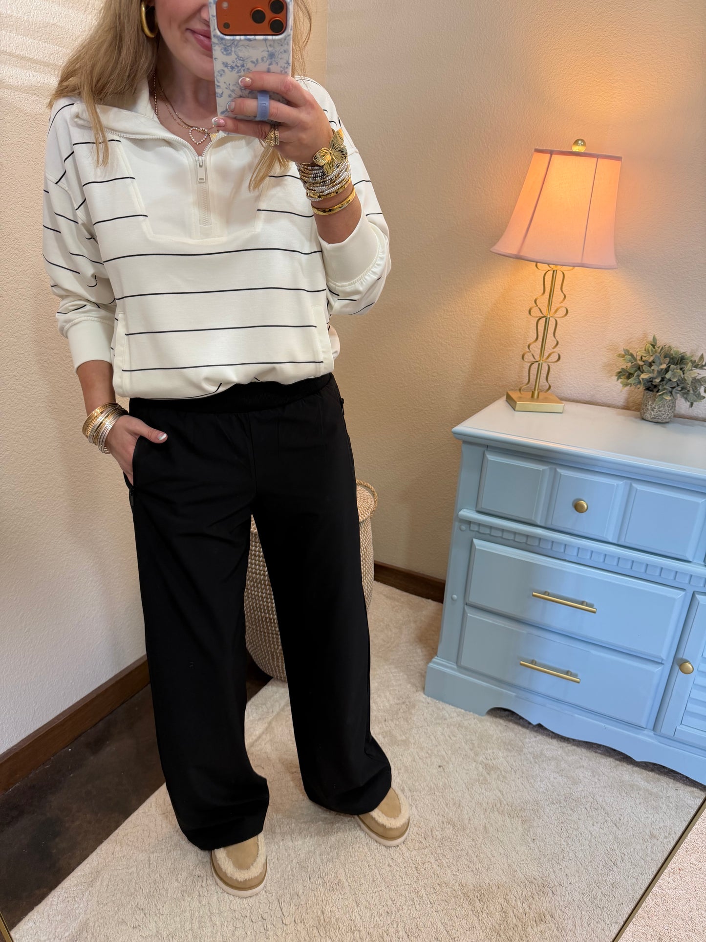 Cream Scuba Striped 3/4 Zip