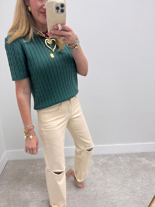 Evergreen Round Neck Cable Knit Top