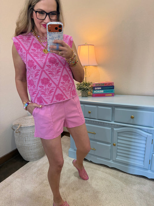 Pink Floral Knit Cap Sleeve Top