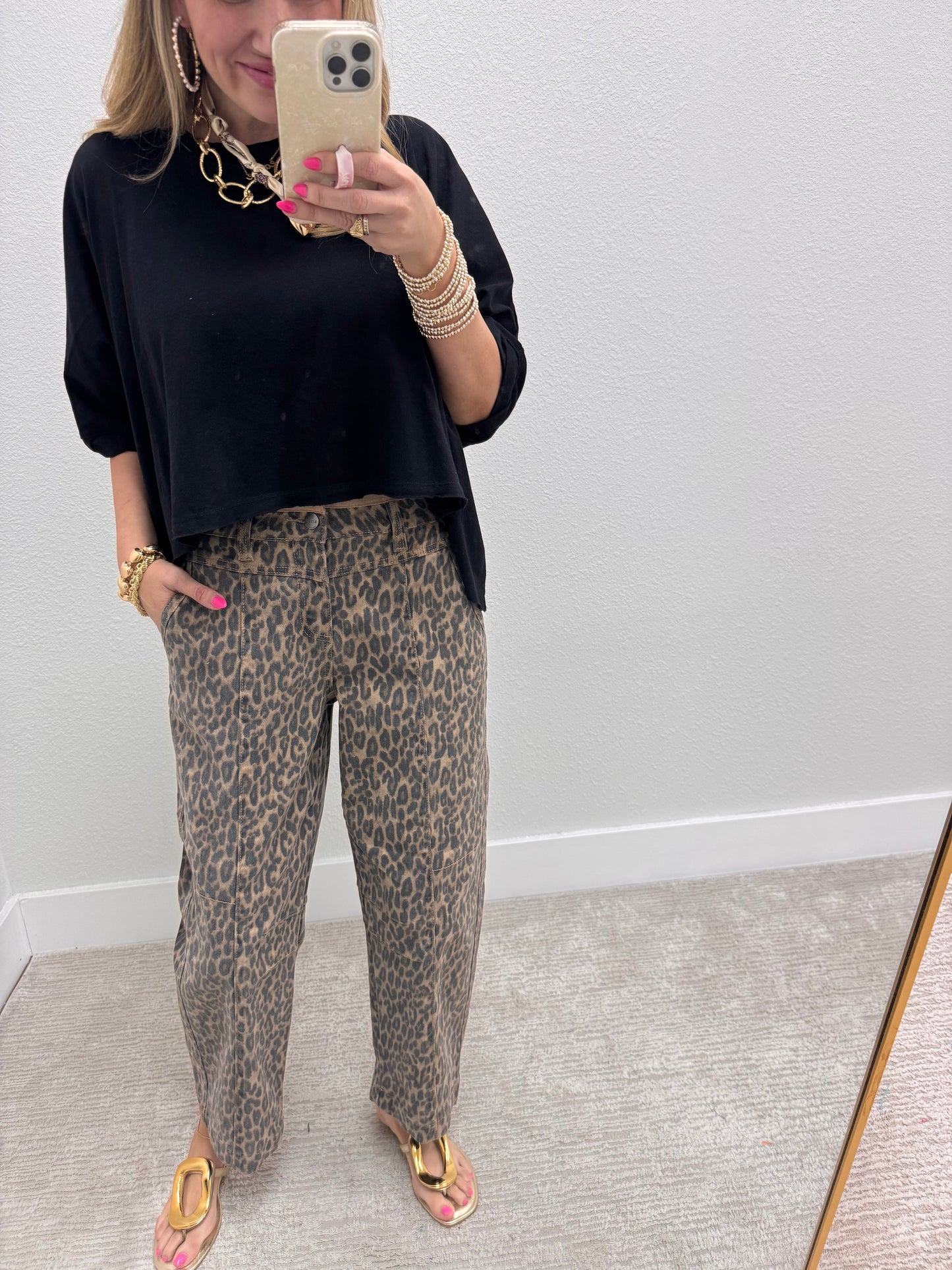 Risen Leopard Camel Mid Rise Crop Relaxed Fit Jeans