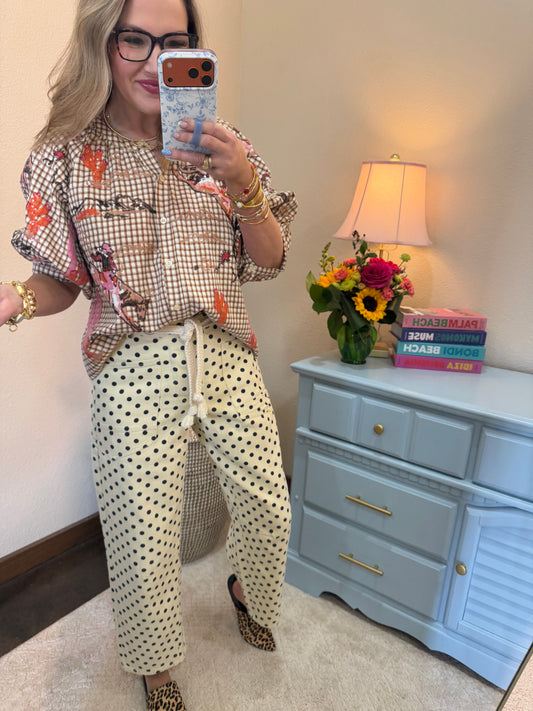 Ivory & Cream Polka Dots String Barrel Pants