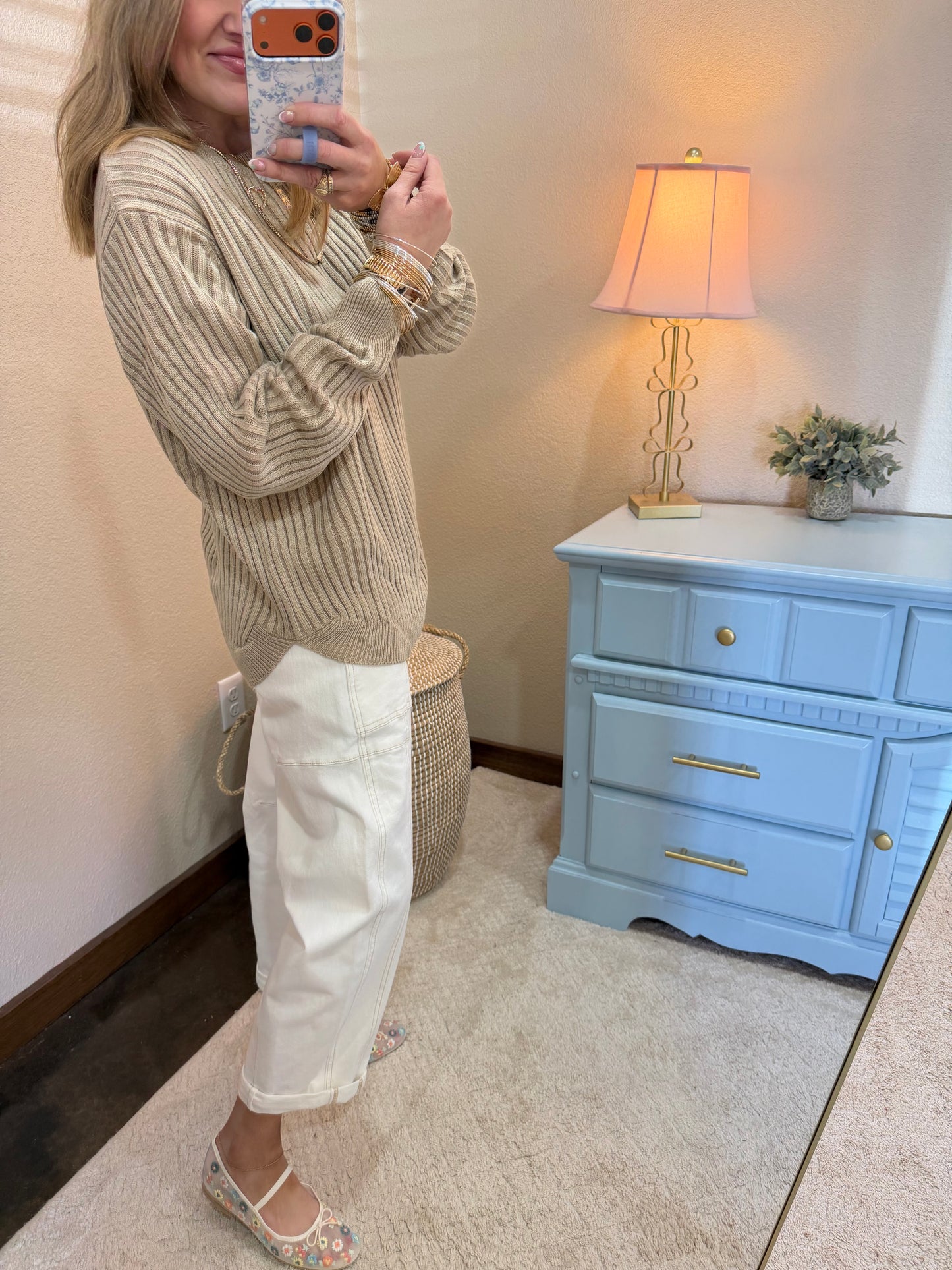 Tan Curved Bottom Long Sleeve Pullover