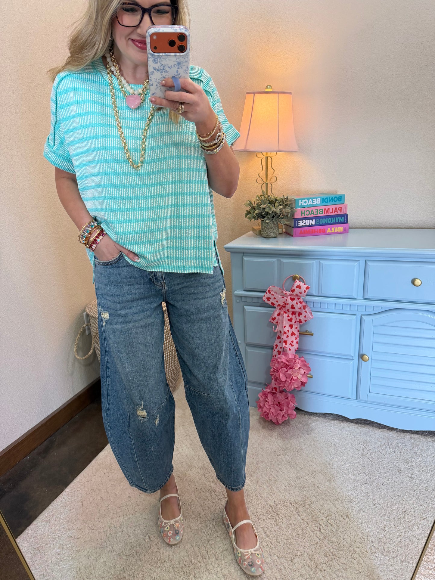 Turquoise Raised Rib Stripe Exposed Hem Top