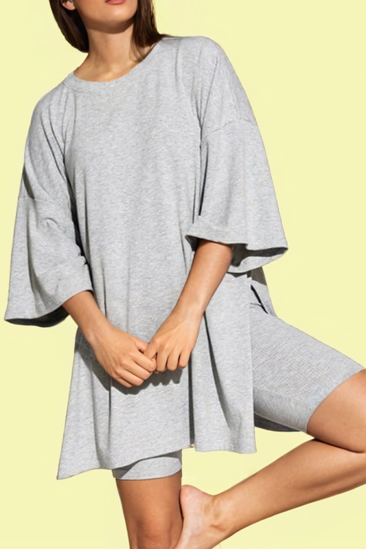 Gray Oversized Loose Tee and Skinny Shorts Set