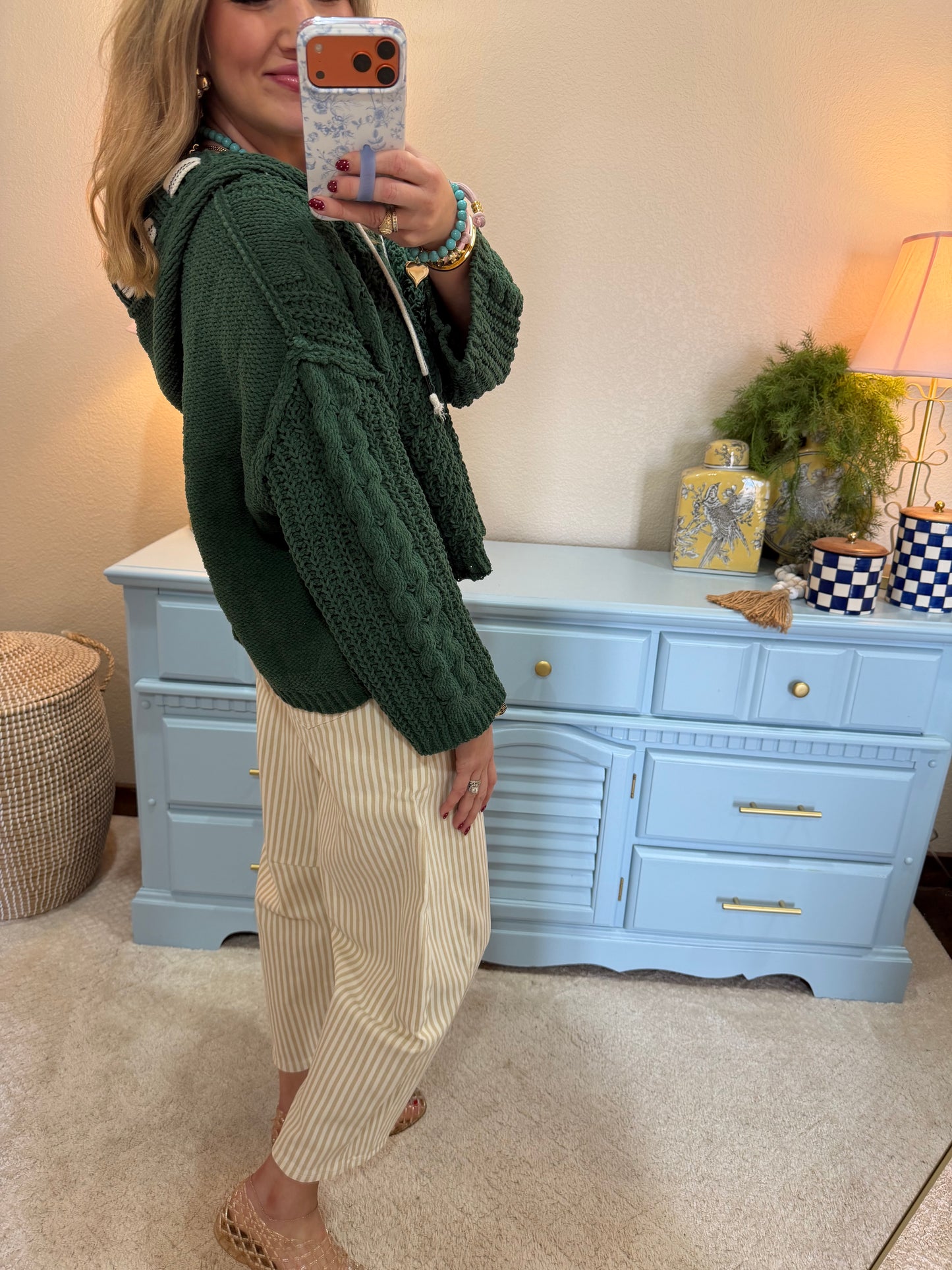 Green Cable Knit Printed Tie Sweater