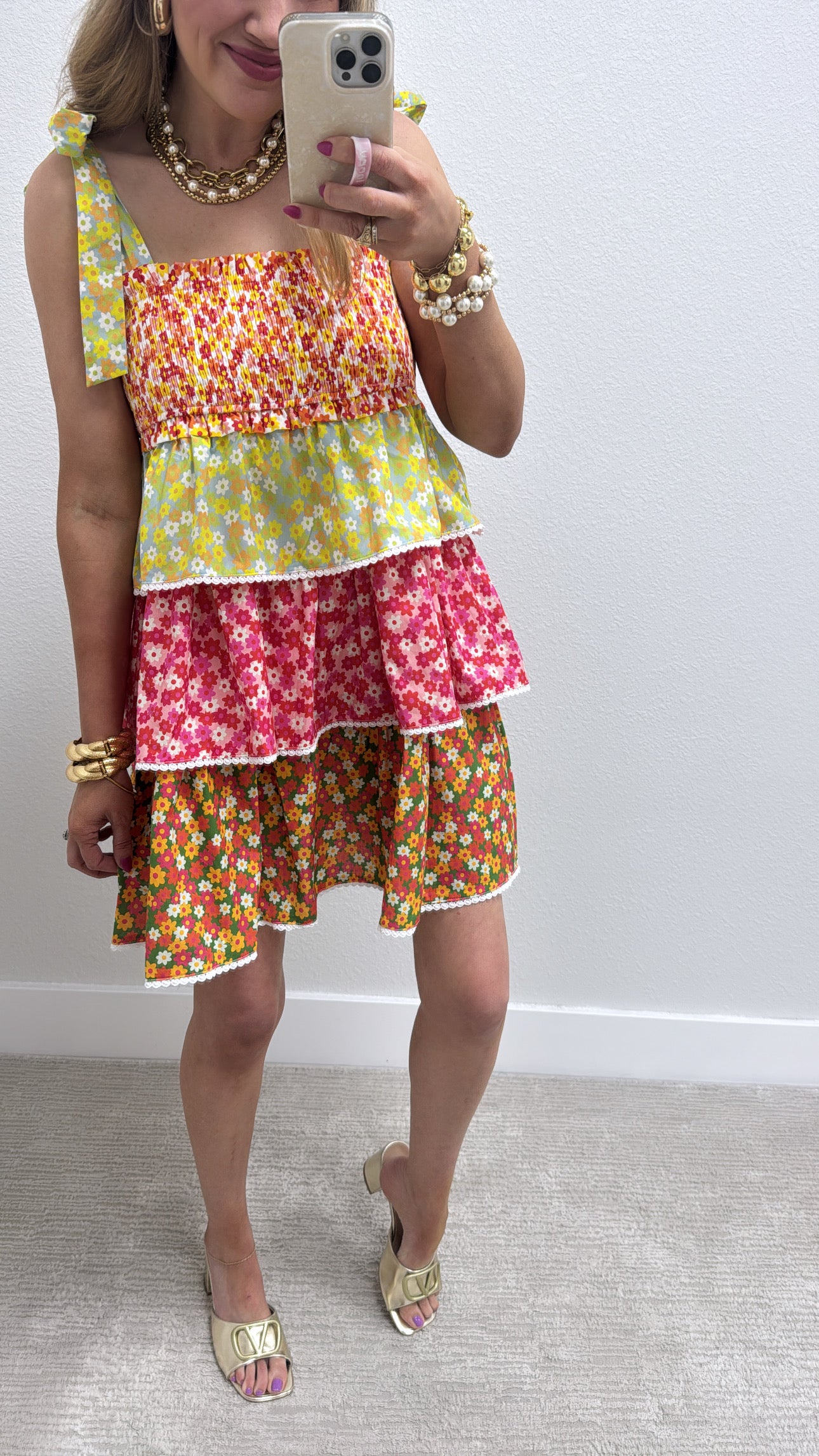 Floral Smocked Top Layered Mini Dress with Tie Sleeves