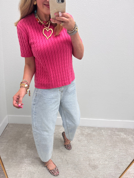 Pink Round Neck Cable Knit Top