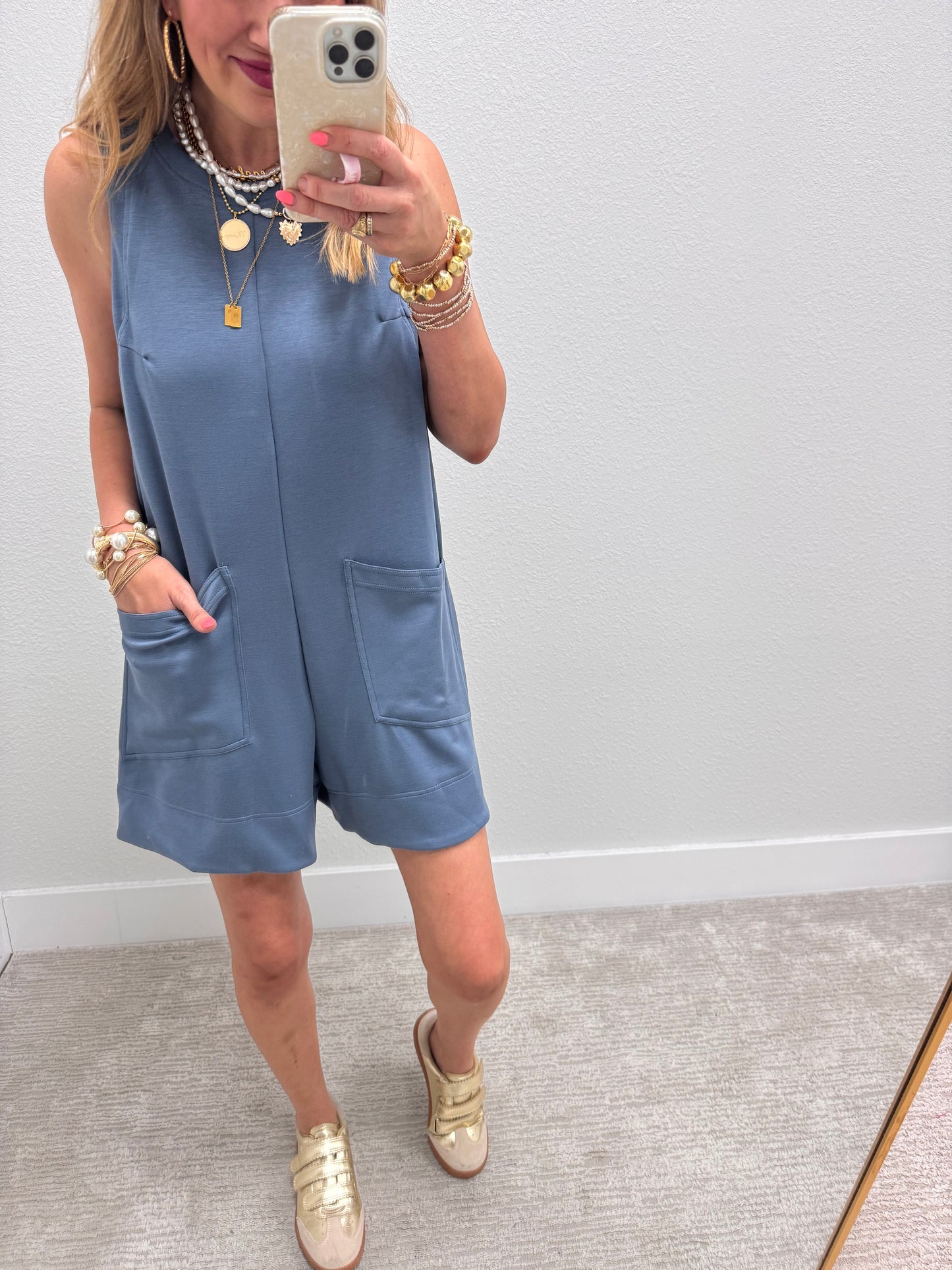 Denim Blue Solid Romper with Front Pockets