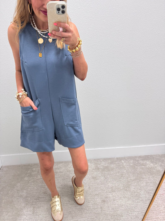 Denim Blue Solid Romper with Front Pockets