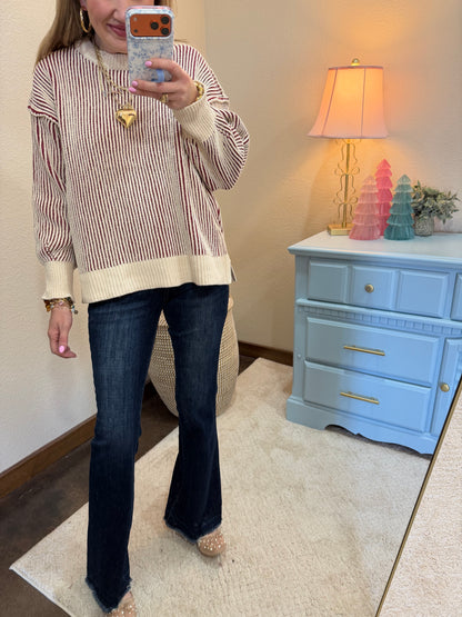 Burgundy Two Tone Crew-Neck Sweater FS