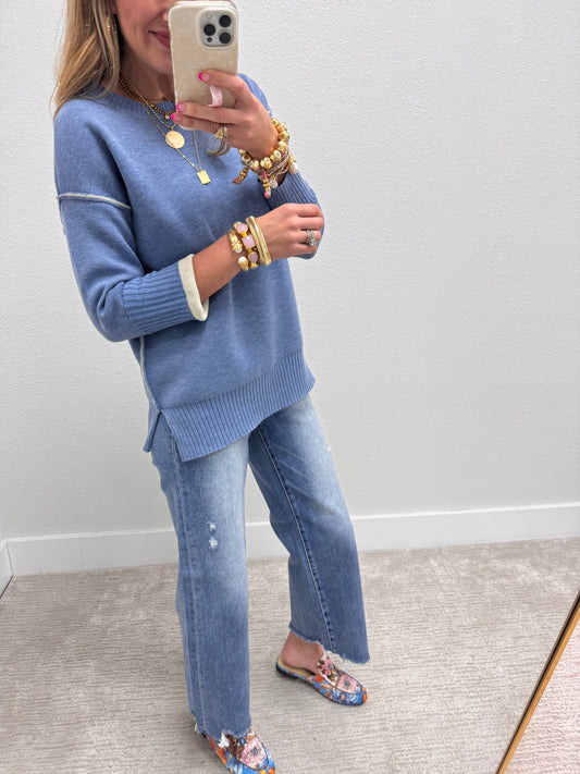 Dusty Blue & Cream Round Neck Contrast Trim Sweater