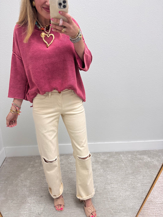 Aug18 Cabernet Washed 3/4 Sleeve Boxy Sweater