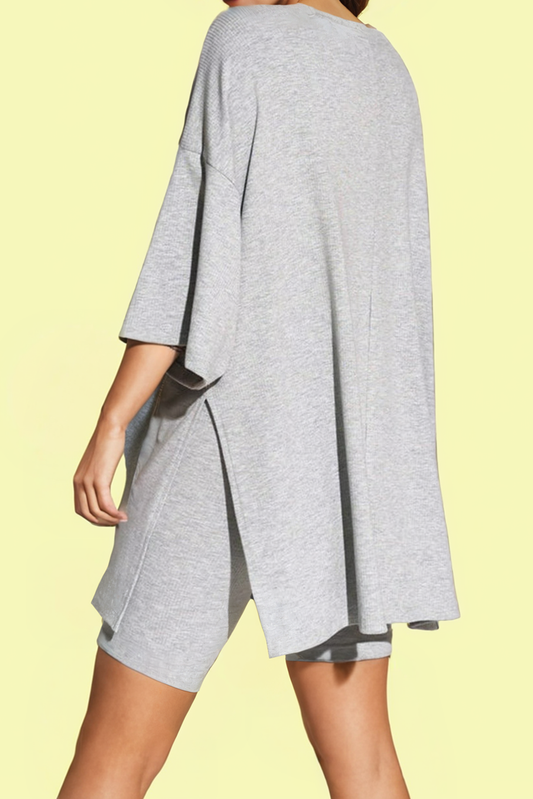 Gray Oversized Loose Tee and Skinny Shorts Set