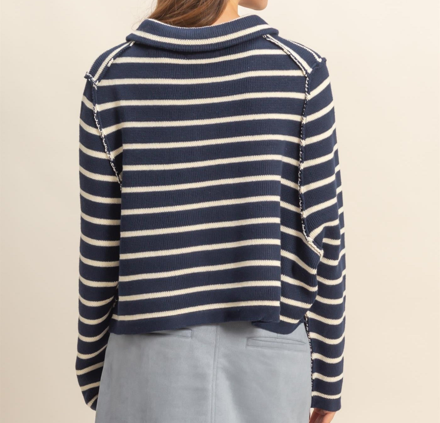 Navy/Cream Collared Striped Button-down Casual Sweater
