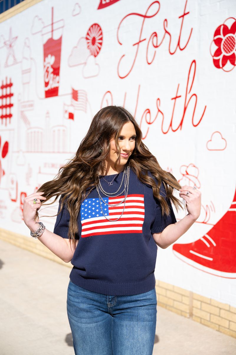 Heather Welper Collection Navy America Flag Knit Top