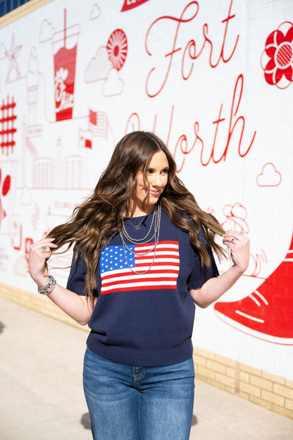 Heather Welper Collection Navy America Flag Knit Top