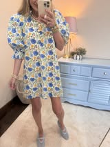 Green and Blue Floral Button Puff Sleeve Dress