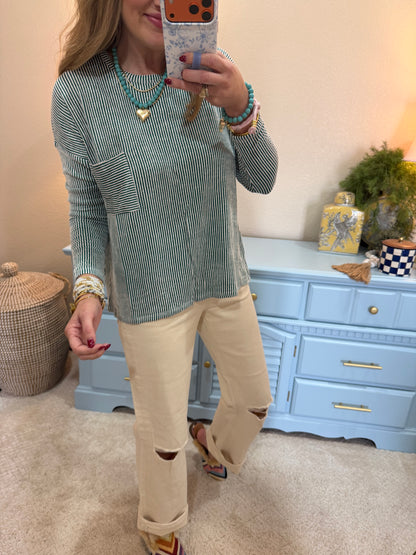 Dark Green Ribbed Long Sleeve Top