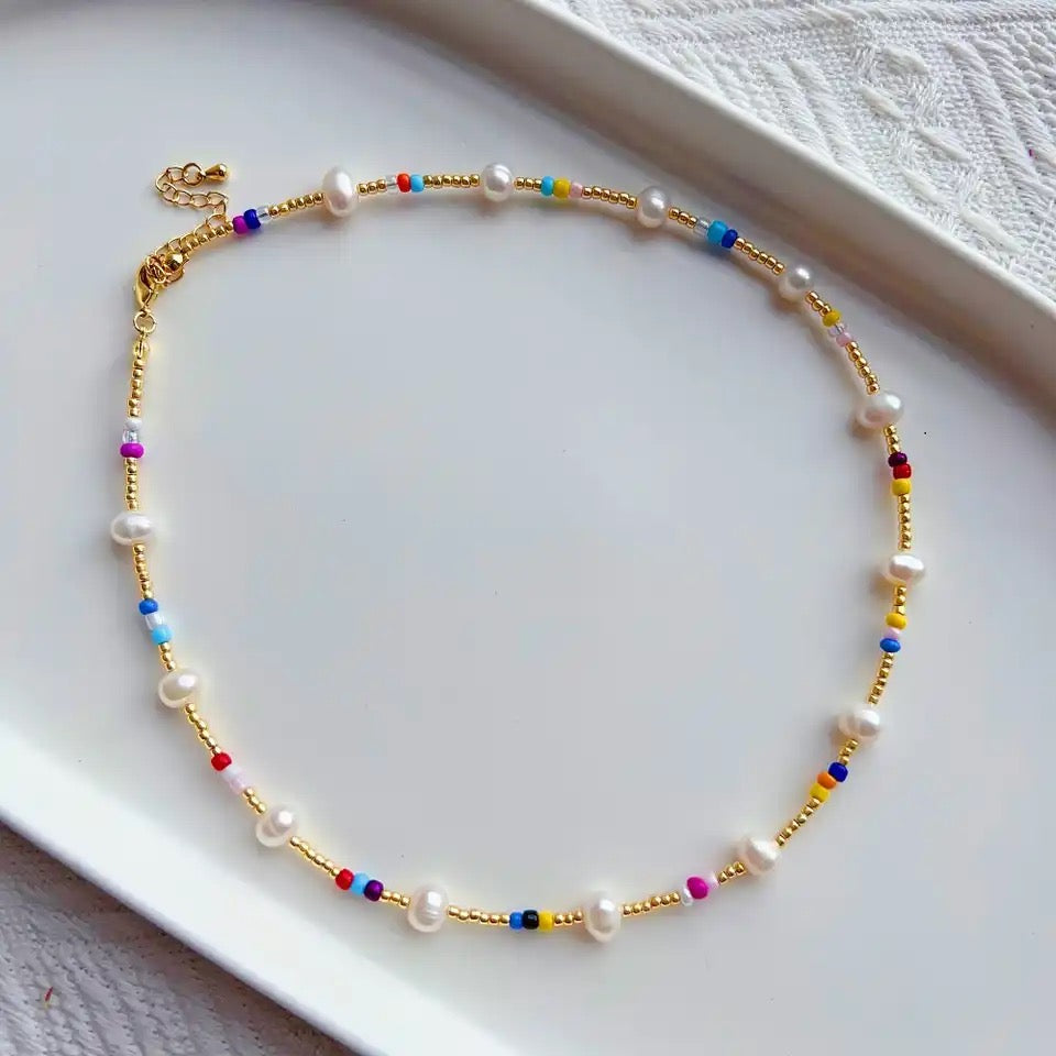 Gold Bead and Colored Pearl Necklace