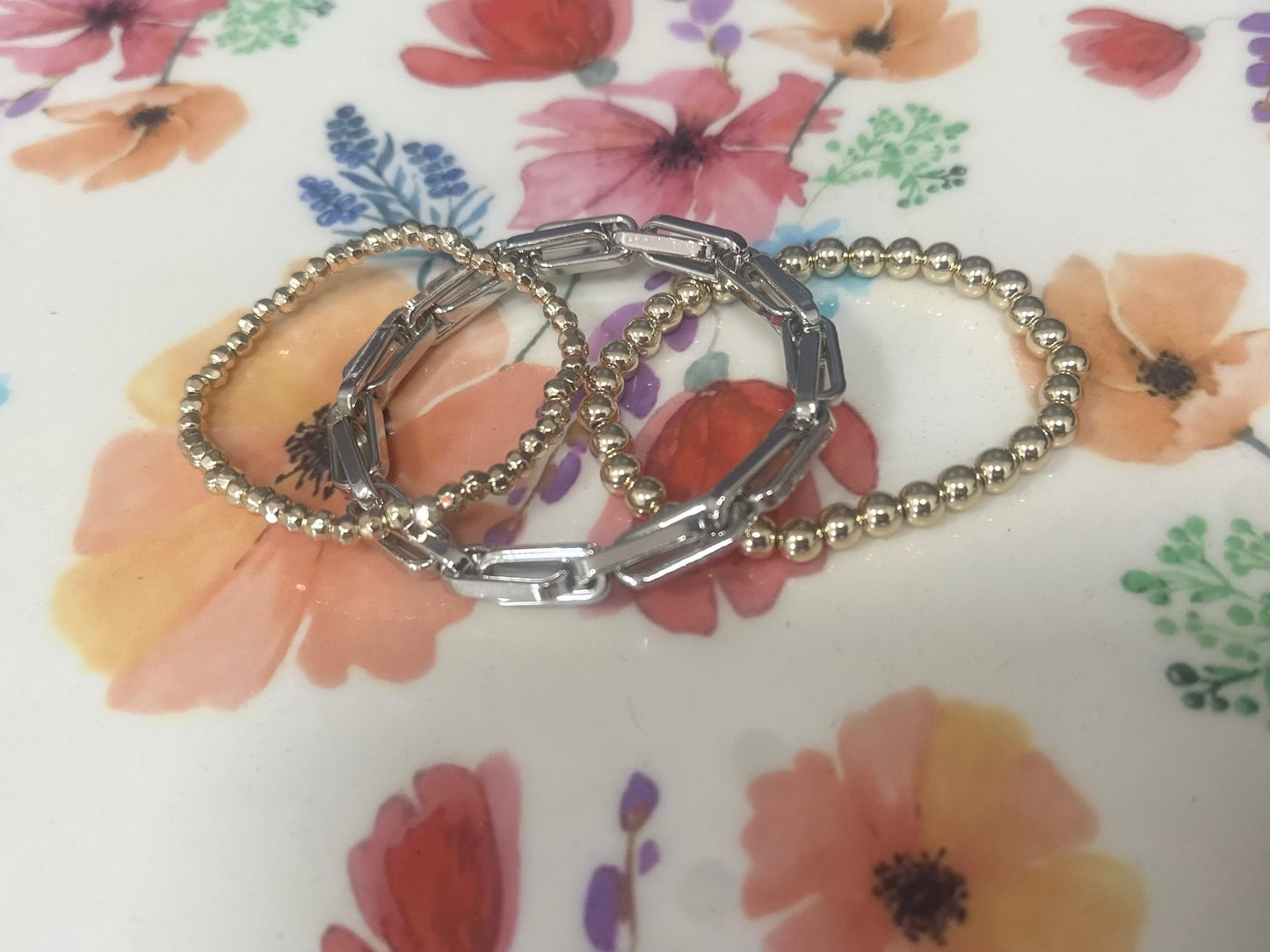 Set of Three Gold Bead With Silver Chain Link Bracelet