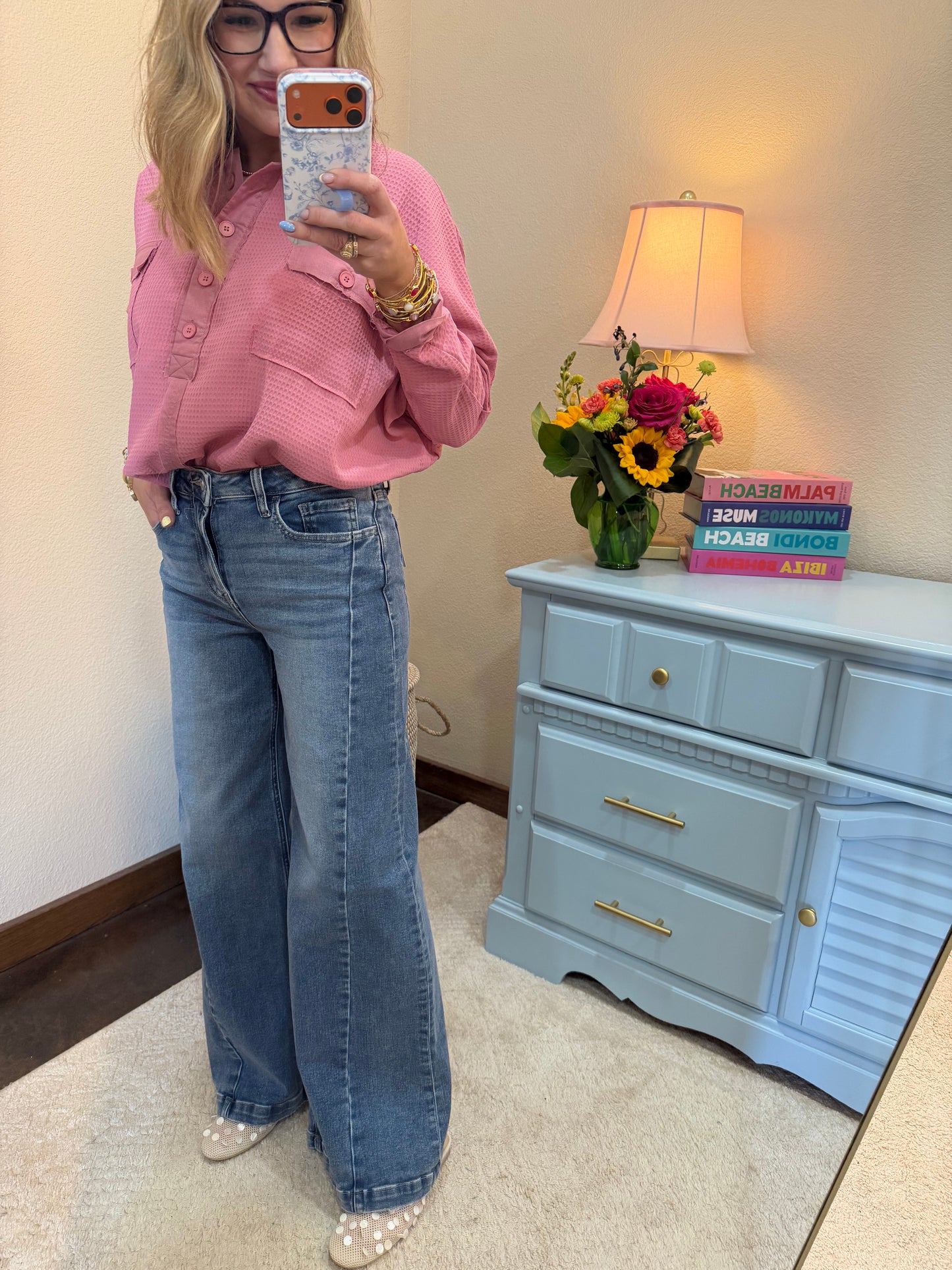 Medium Wash Wide Leg Side Panel Denim Pants