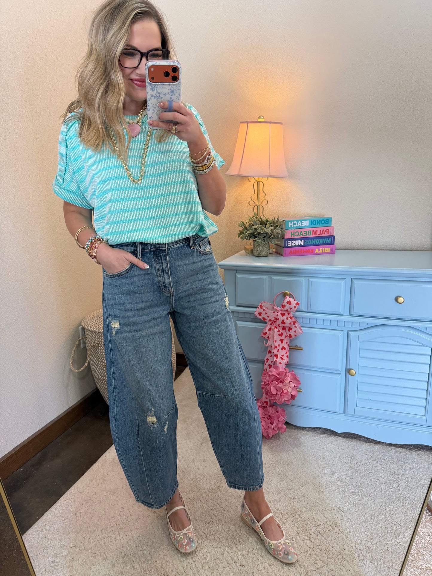 Turquoise Raised Rib Stripe Exposed Hem Top