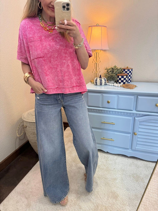 Pink Enzyme Washed Exposed Seam Top