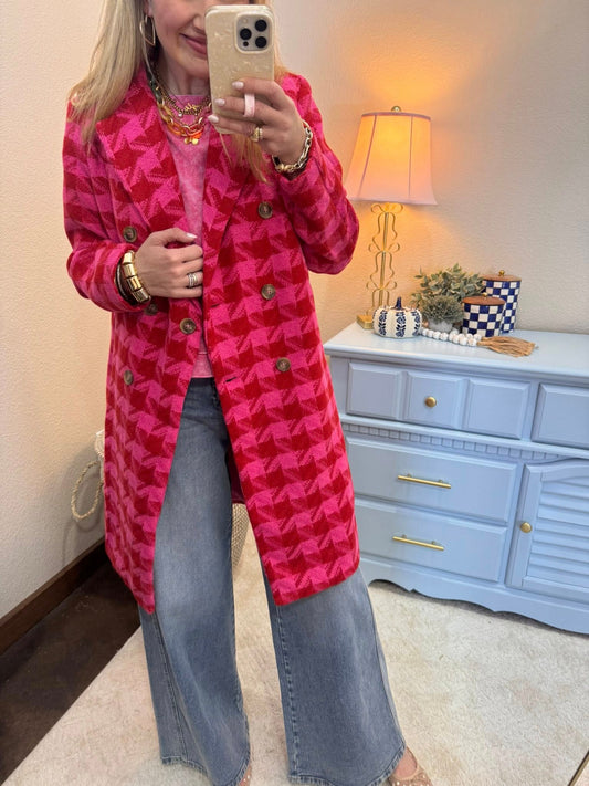 Pink & Red Textured Tweed Double Button Jacket