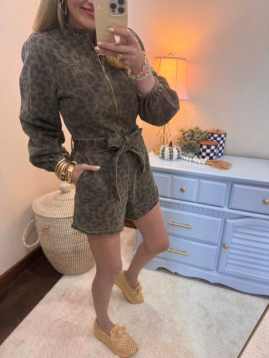Front Zip Up Washed Mocha Leopard Romper