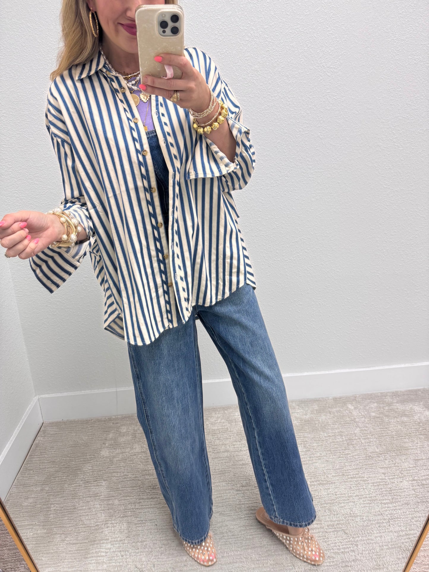 Denim Blue Stripe Button Down Top