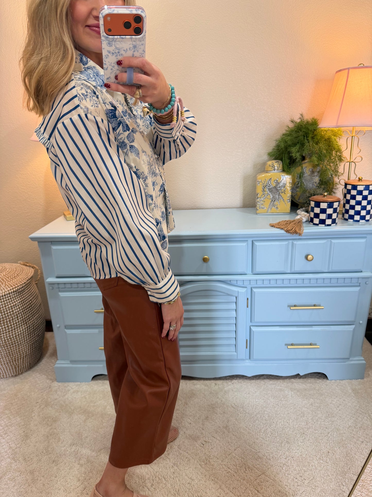 Denim Floral Stripe Sleeve Top with Pearl Buttons