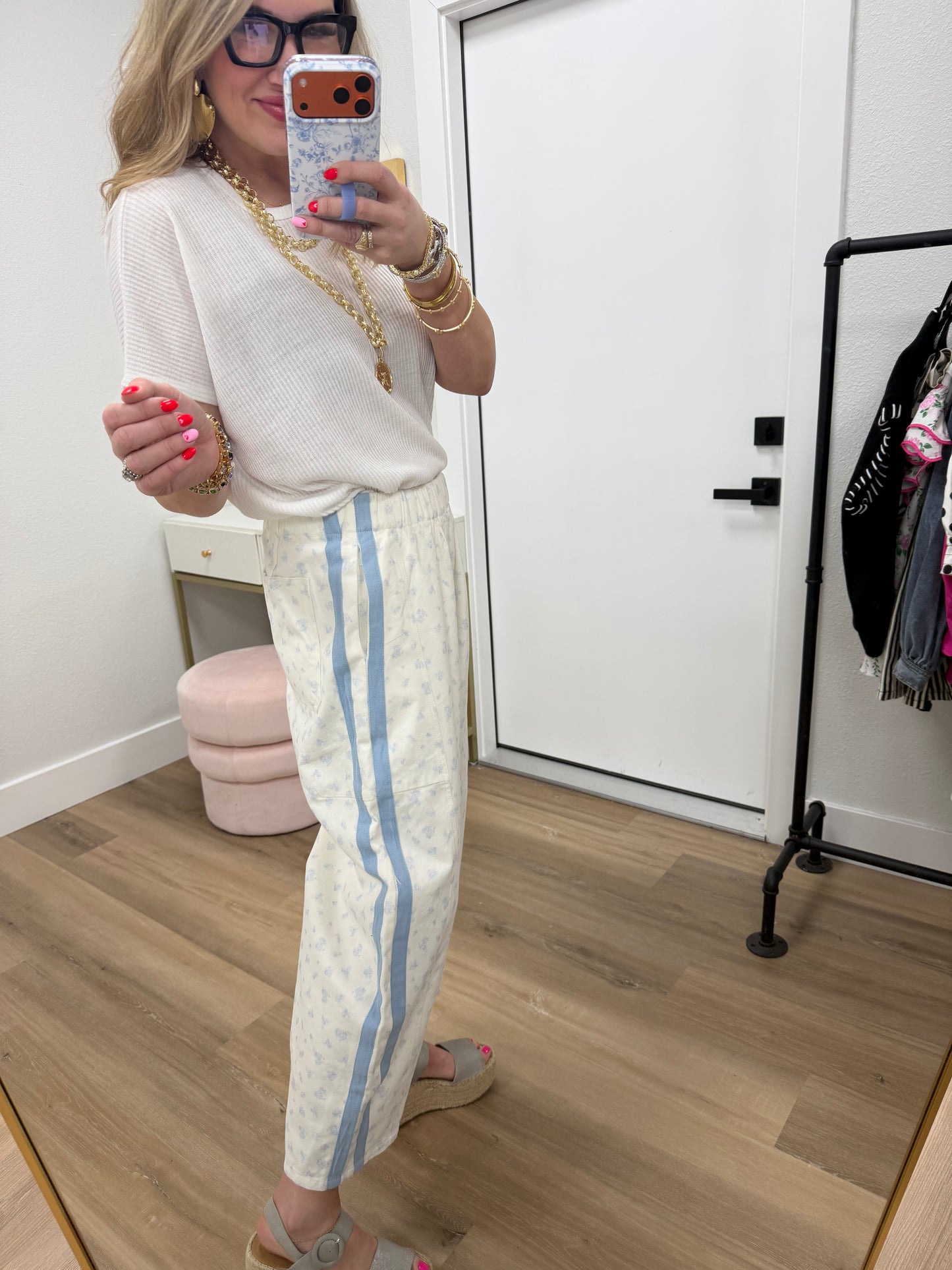 Light Blue 2 Solid Side Band Floral Print Twill Denim Barrel Pants