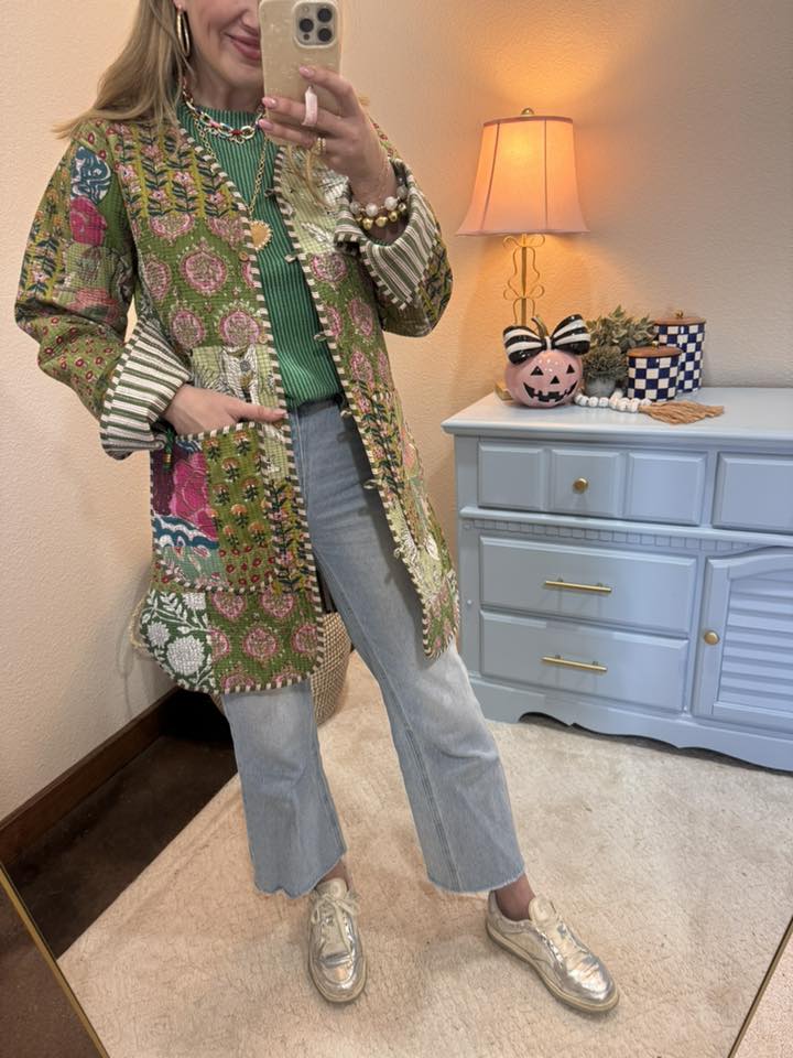 Green Raised Rib Round Neck Long Sleeve Top
