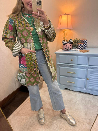 Green Raised Rib Round Neck Long Sleeve Top