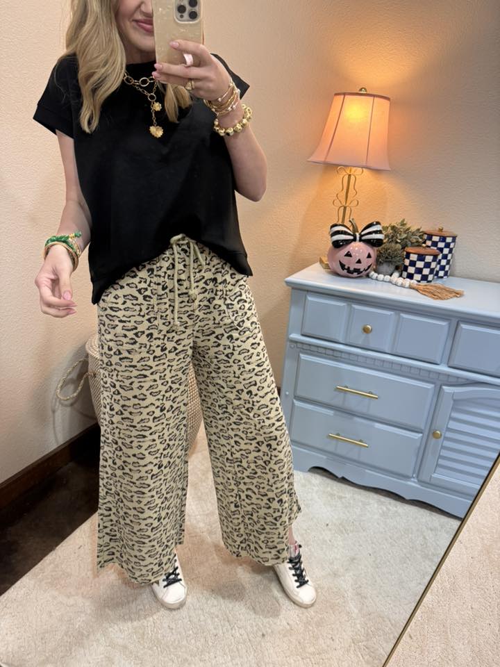 Faded Olive Animal Print Mineral Washed Terry Knit Pants