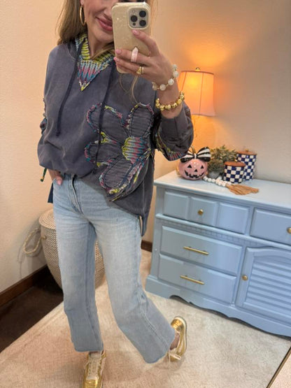 Blue Daisy Patch Hooded Sweat Shirt