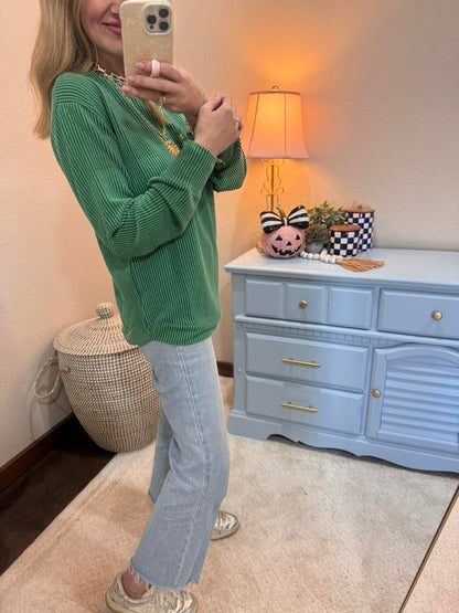 Green Raised Rib Round Neck Long Sleeve Top