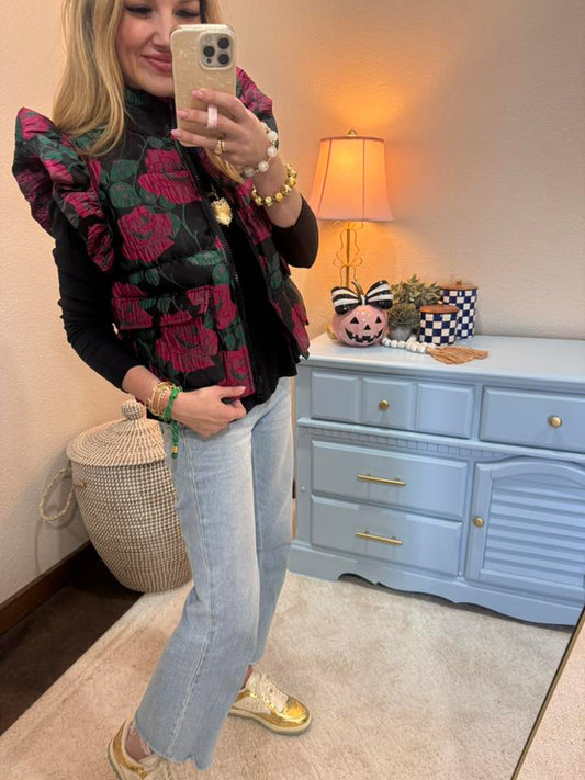 Black Floral Jacquard Puffy Vest