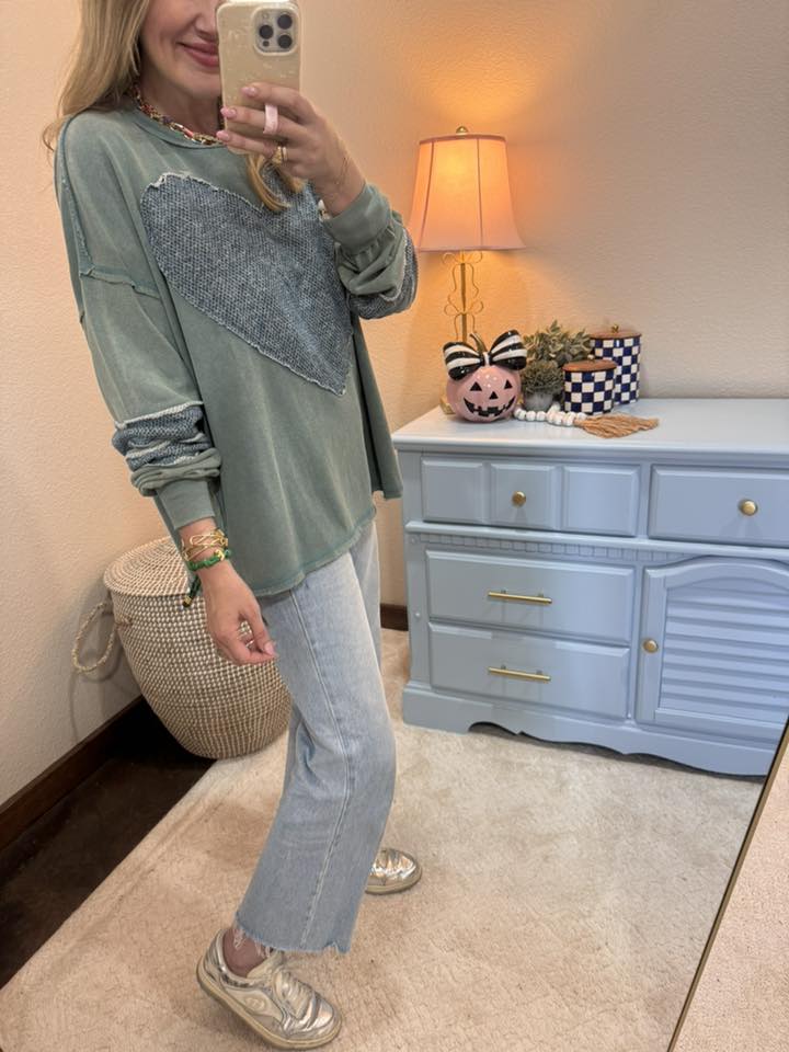 Faded Teal Heart Patch Top