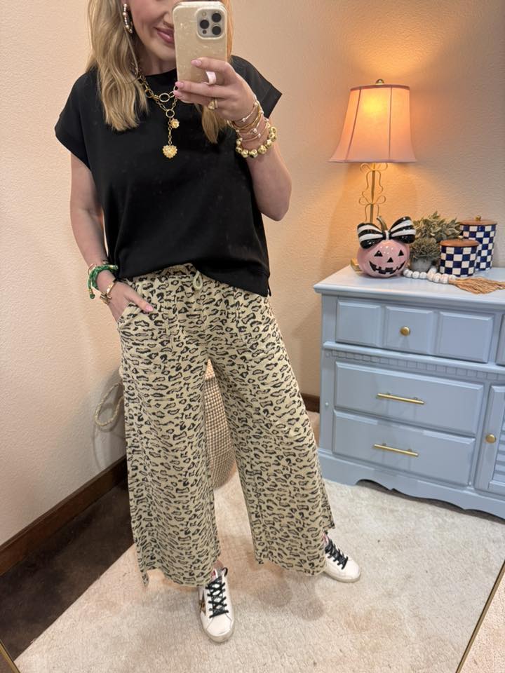 Faded Olive Animal Print Mineral Washed Terry Knit Pants
