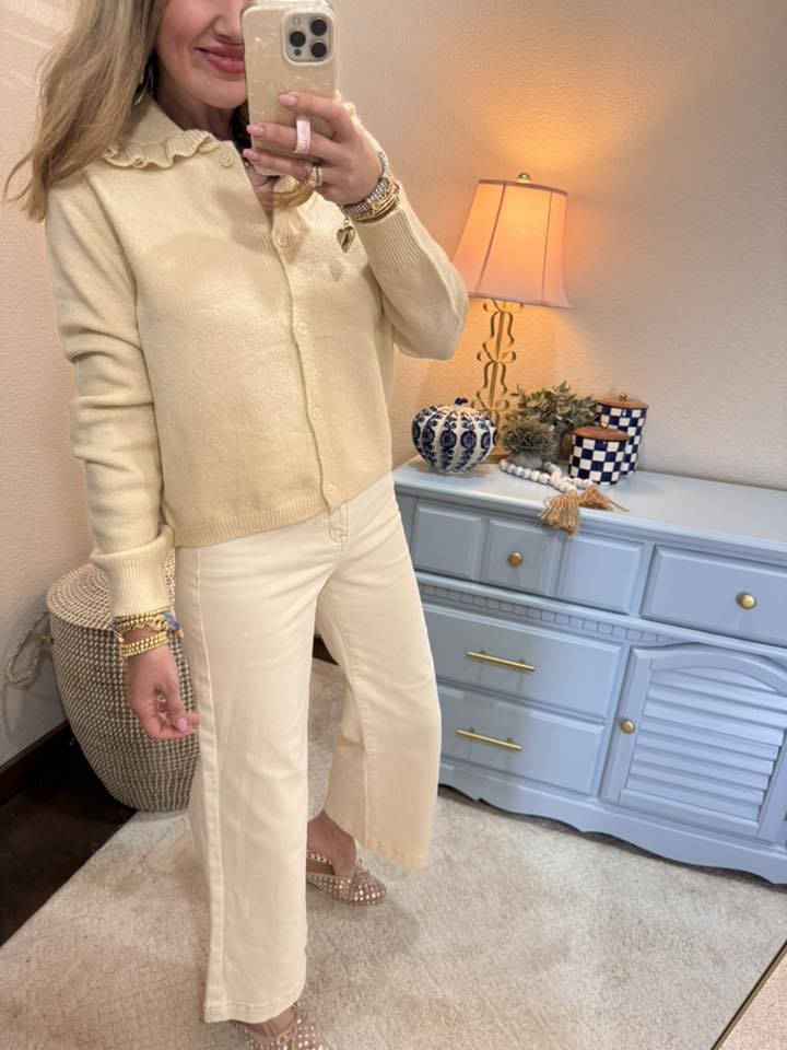 Cream Ruffle Collar Cardigan Sweater