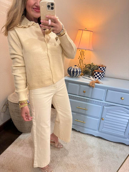 Cream Ruffle Collar Cardigan Sweater