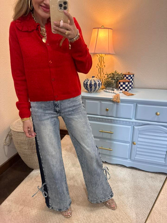 Red Ruffle Collar Cardigan Sweater