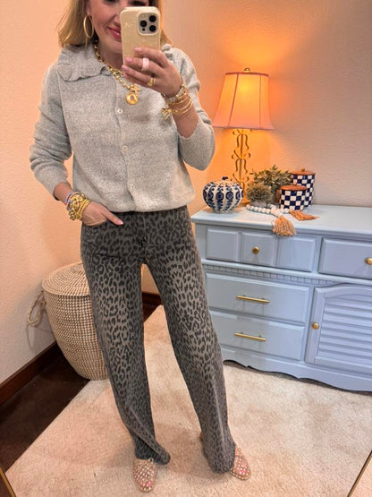  Gray Ruffle Collar Cardigan Sweater